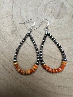 Sterling Silver Pearl & Orange Spiny Oyster Teardrop Earrings - 2 1/2 inch drop - Cowhide and Conchos