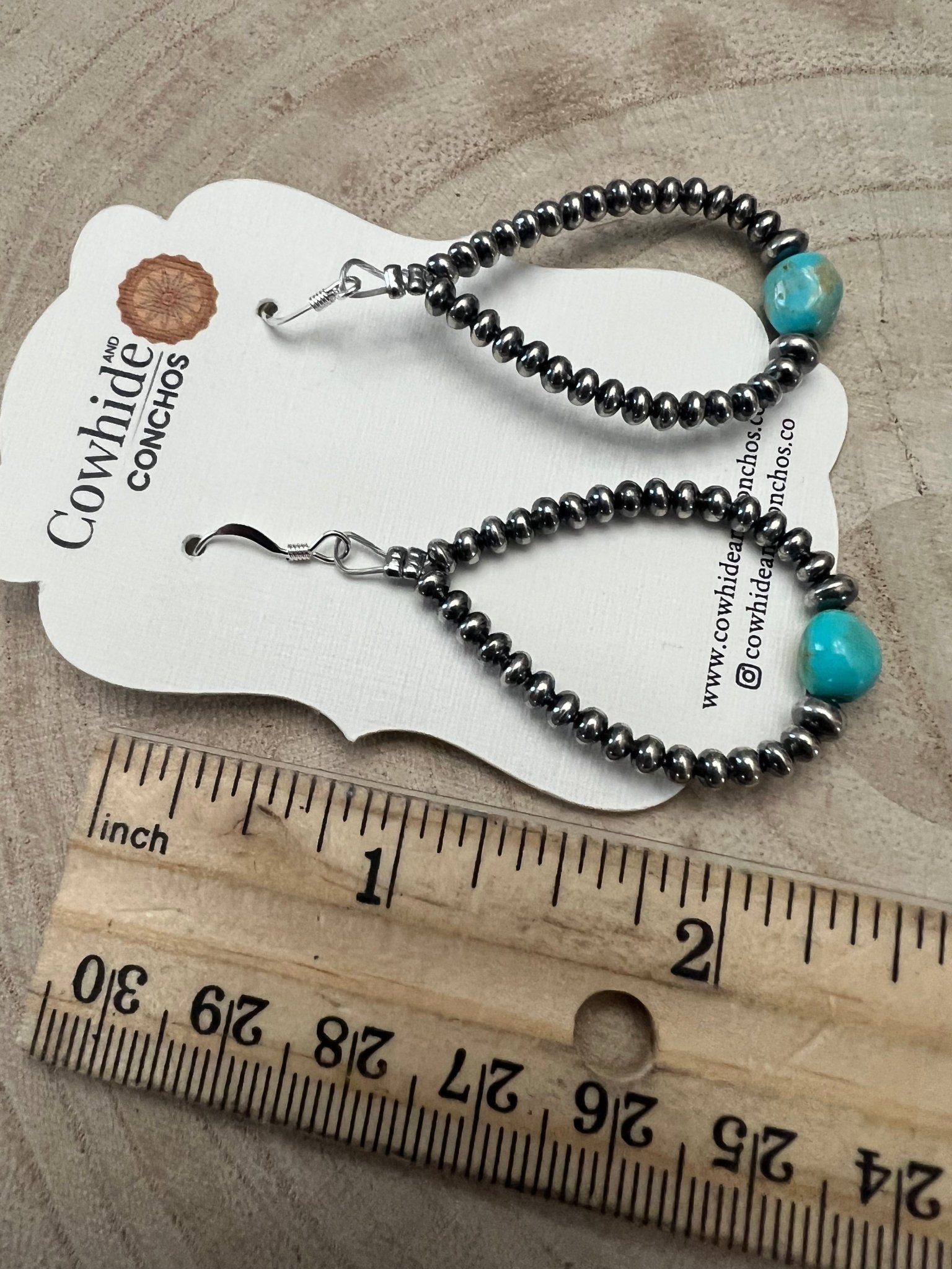 Sterling Silver Pearl & Turquoise Teardrop Earrings - 2 1/2 inch drop - Cowhide and Conchos