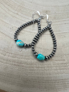 Sterling Silver Pearl & Turquoise Teardrop Earrings - 2 1/2 inch drop - Cowhide and Conchos