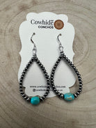 Sterling Silver Pearl & Turquoise Teardrop Earrings - 2 1/2 inch drop - Cowhide and Conchos