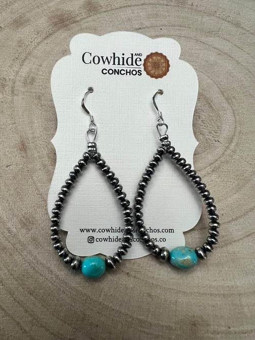 Sterling Silver Pearl & Turquoise Teardrop Earrings - 2 1/2 inch drop - Cowhide and Conchos