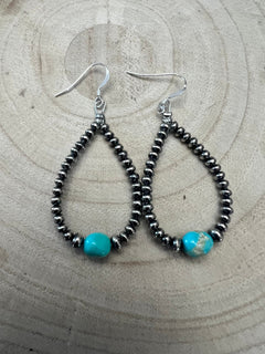 Sterling Silver Pearl & Turquoise Teardrop Earrings - 2 1/2 inch drop - Cowhide and Conchos
