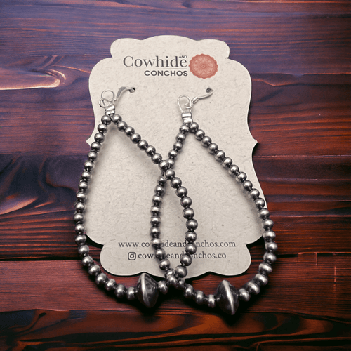 Sterling Silver Pearls teardrop earrings - 2 1/2 inch drop - Cowhide and Conchos