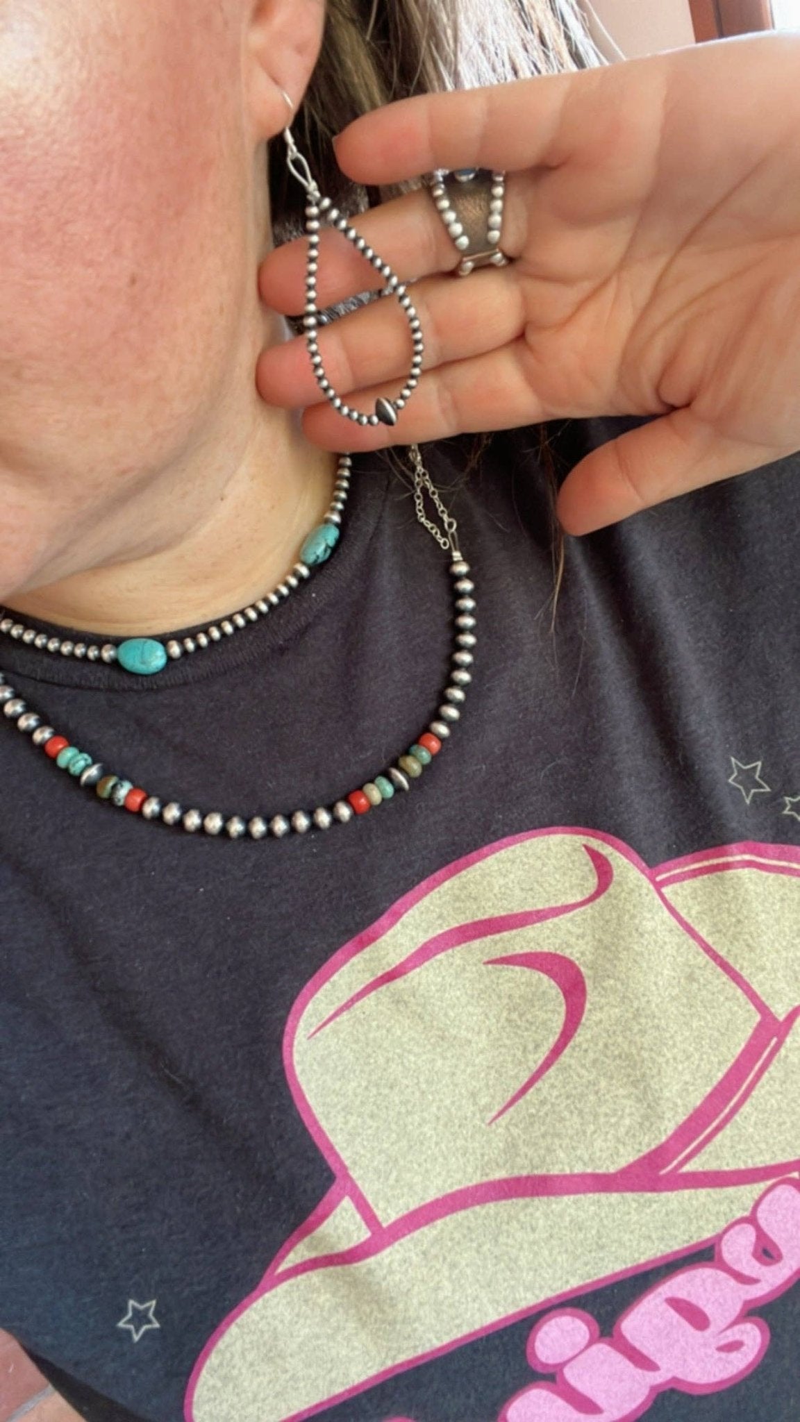 Sterling Silver Pearls teardrop earrings - 2 1/2 inch drop - Cowhide and Conchos