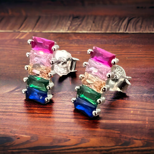 Sterling Silver Rainbow CZ Post Earrings - Cowhide and Conchos