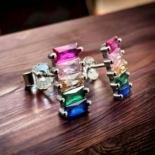 Sterling Silver Rainbow CZ Post Earrings - Cowhide and Conchos