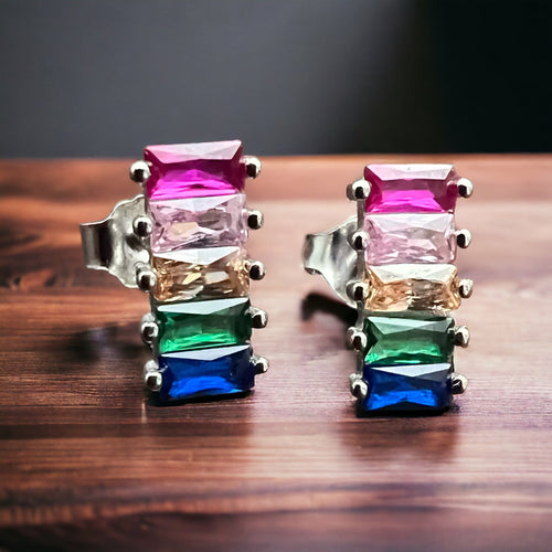 Sterling Silver Rainbow CZ Post Earrings - Cowhide and Conchos