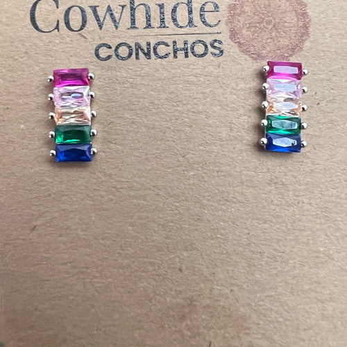 Sterling Silver Rainbow CZ Post Earrings - Cowhide and Conchos