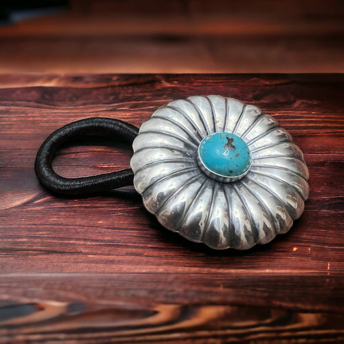 Sterling silver & Turquoise Concho hair tie - Cowhide and Conchos