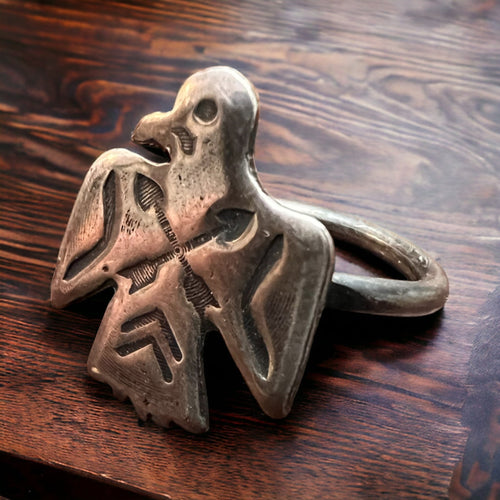 Sterling Thunderbird Ring - Cowhide and Conchos