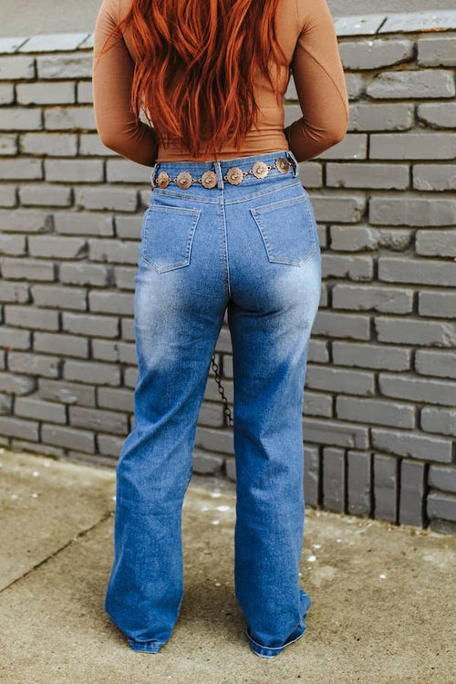 Stone Wash High Rise Boot Stitch Embroidered Flare Jeans - Cowhide and Conchos