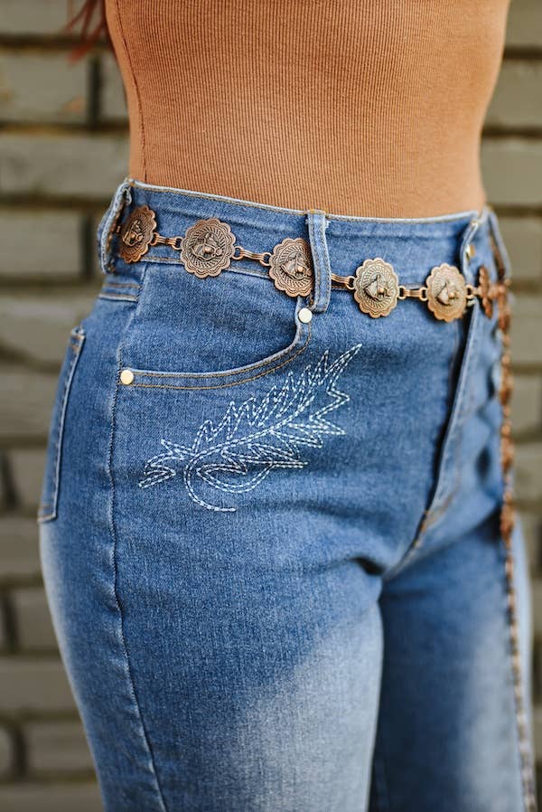 Stone Wash High Rise Boot Stitch Embroidered Flare Jeans - Cowhide and Conchos