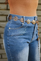 Stone Wash High Rise Boot Stitch Embroidered Flare Jeans - Cowhide and Conchos