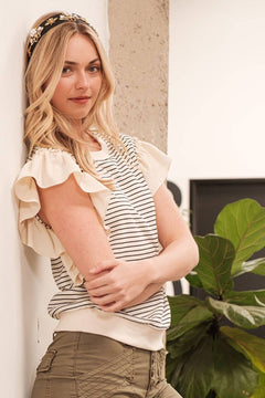 Striped Contrast Ruffle Detail Sleeveless Top - Cowhide and Conchos