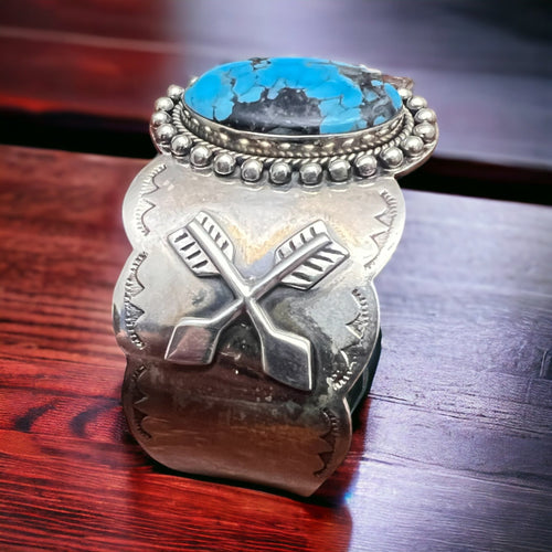 Suncup Blue Kingman Turquoise Hand Stamped Cuff - Cowhide and Conchos