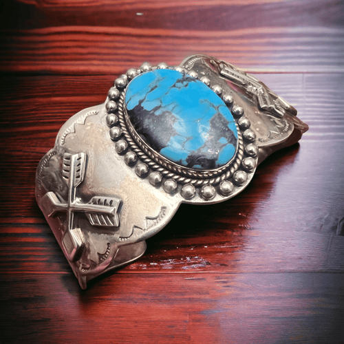 Suncup Blue Kingman Turquoise Hand Stamped Cuff - Cowhide and Conchos