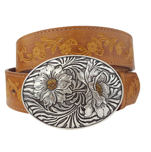 Sunflower Buckle with Vintage Floral Tooled Belt - Top Seller! - Cowhide and Conchos
