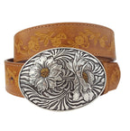 Sunflower Buckle with Vintage Floral Tooled Belt - Top Seller! - Cowhide and Conchos