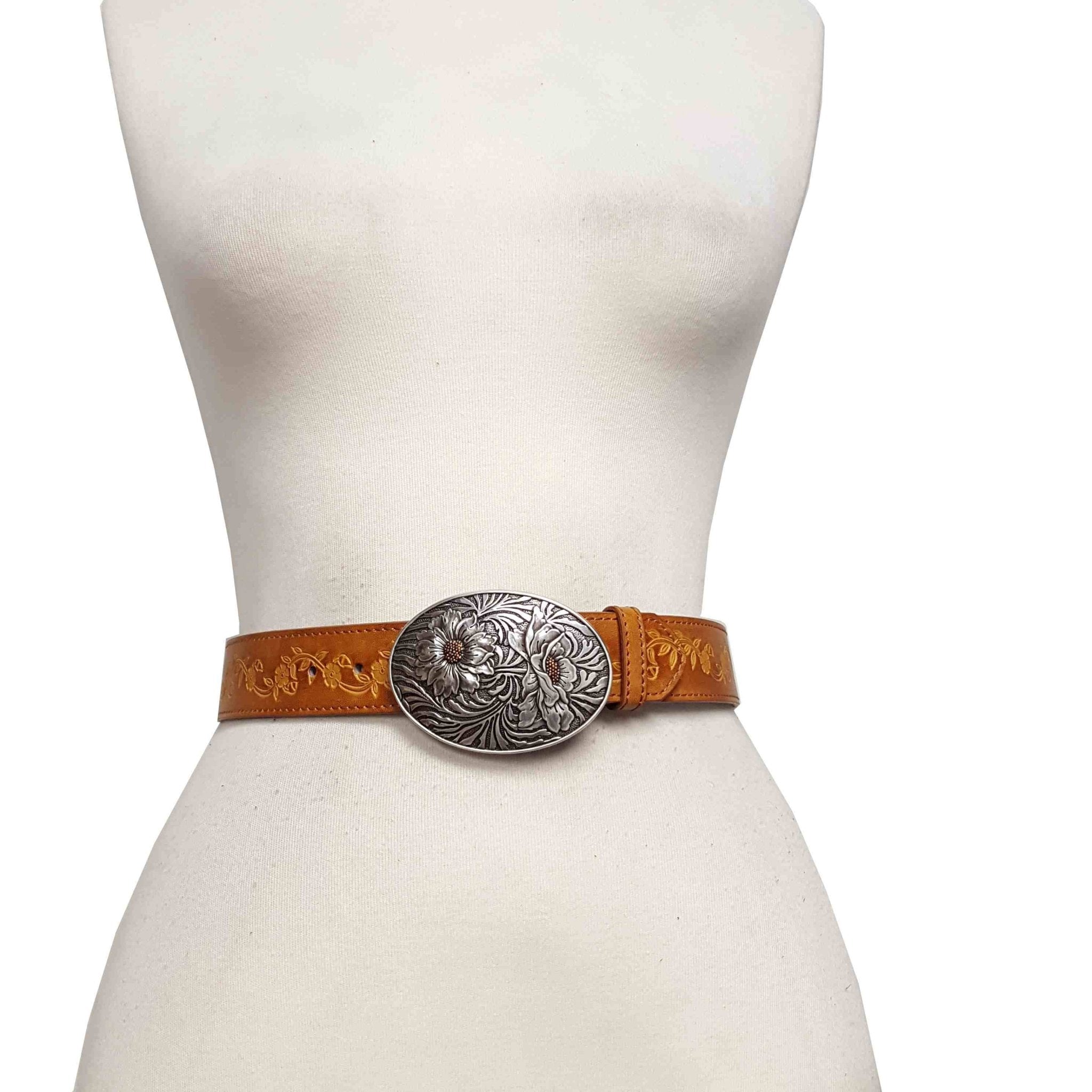 Sunflower Buckle with Vintage Floral Tooled Belt - Top Seller! - Cowhide and Conchos