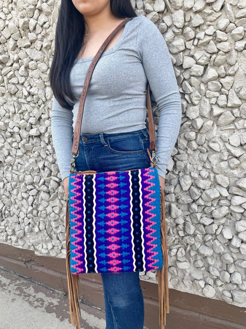 Sunrise Saddle Blanket Crossbody with Suede Fringe - Cowhide and Conchos