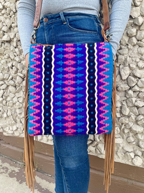 Sunrise Saddle Blanket Crossbody with Suede Fringe - Cowhide and Conchos