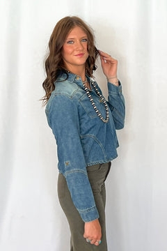 Sunwash Western Denim Pullover Shirt - Cowhide and Conchos