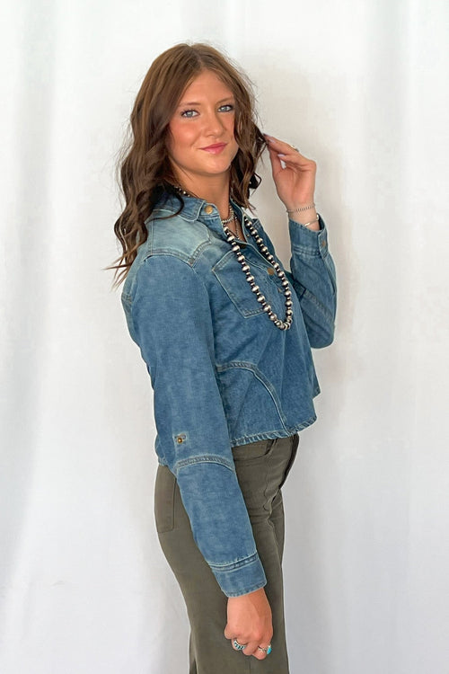 Sunwash Western Denim Pullover Shirt - Cowhide and Conchos