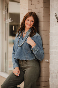 Sunwash Western Denim Pullover Shirt - Cowhide and Conchos
