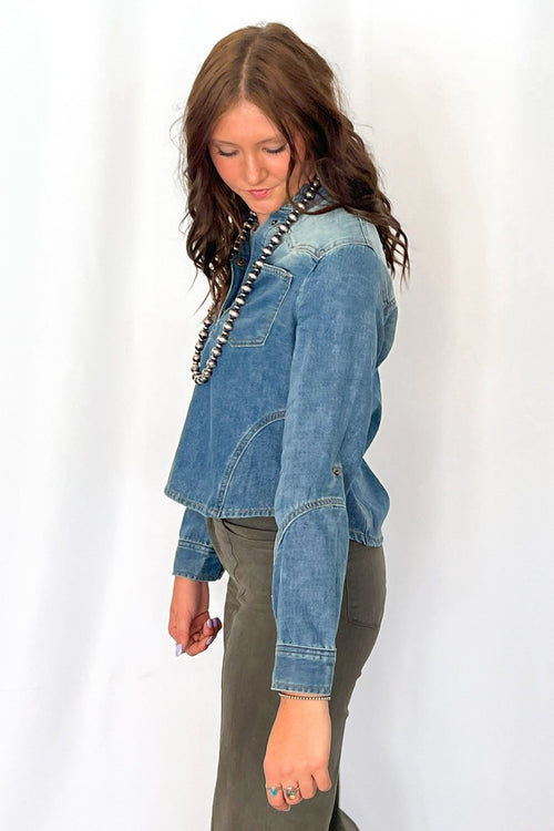 Sunwash Western Denim Pullover Shirt - Cowhide and Conchos