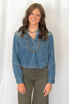 Sunwash Western Denim Pullover Shirt - Cowhide and Conchos