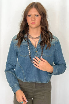 Sunwash Western Denim Pullover Shirt - Cowhide and Conchos