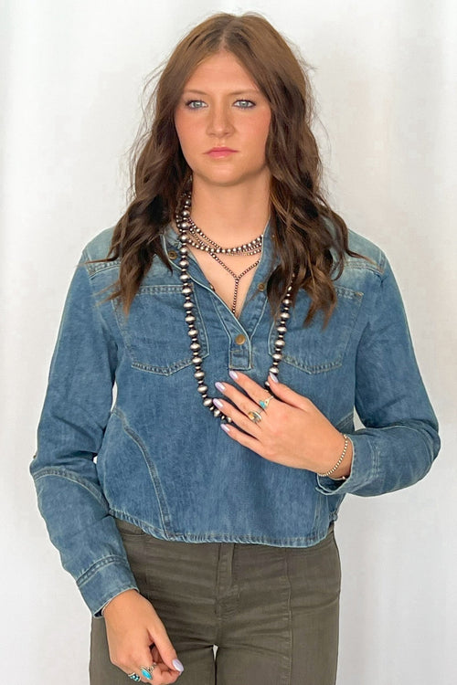 Sunwash Western Denim Pullover Shirt - Cowhide and Conchos