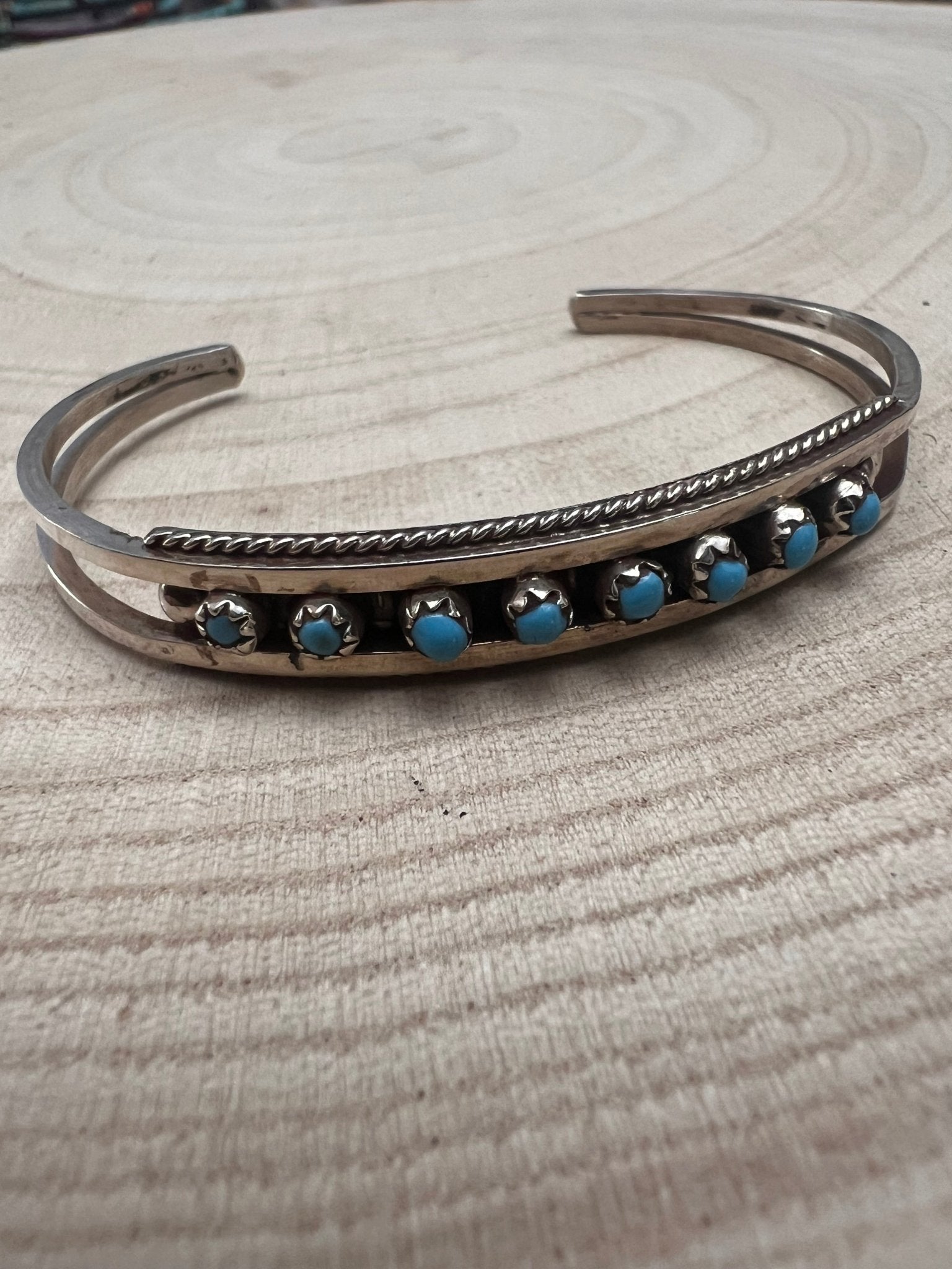 Susie Livingston Turquoise & Sterling Silver Bracelet - Cowhide and Conchos