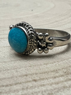 Suzanna Johnson Navajo Handmade Kingman Turquoise Ring - Cowhide and Conchos