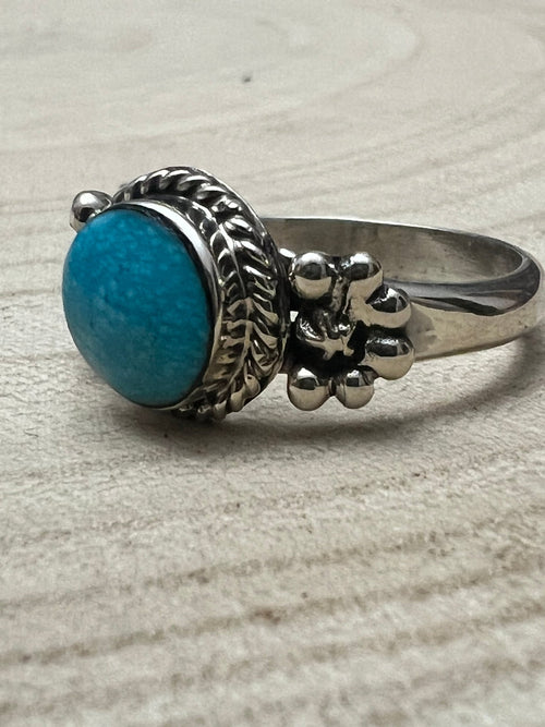 Suzanna Johnson Navajo Handmade Kingman Turquoise Ring - Cowhide and Conchos