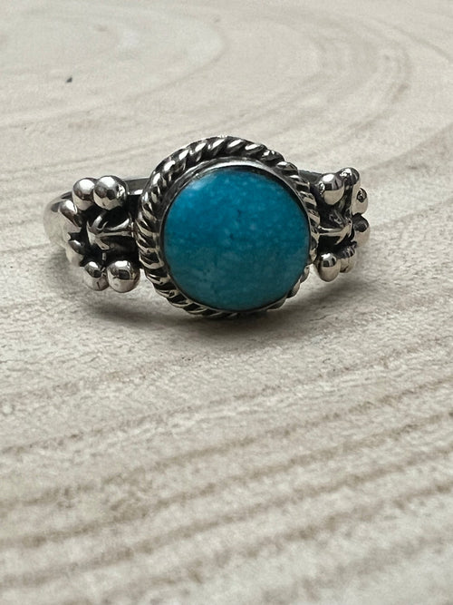 Suzanna Johnson Navajo Handmade Kingman Turquoise Ring - Cowhide and Conchos