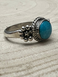 Suzanna Johnson Navajo Handmade Kingman Turquoise Ring - Cowhide and Conchos