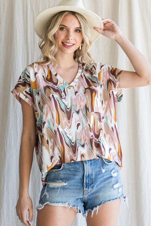 Swirl Print Cap Sleeve Pocket Top