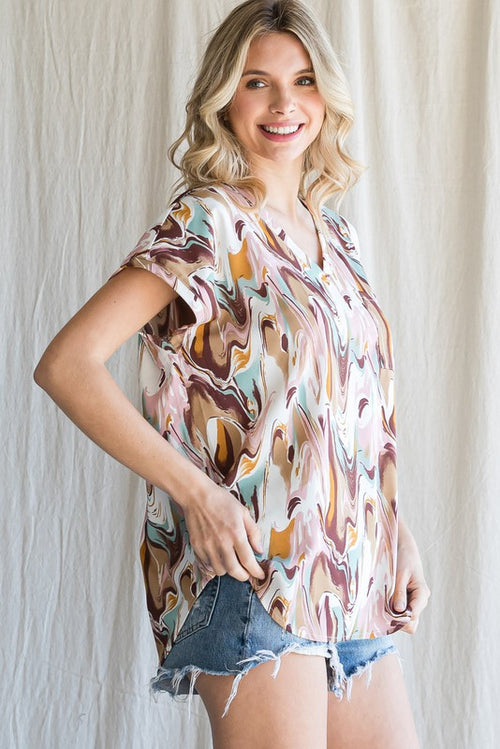 Swirl Print Cap Sleeve Pocket Top