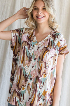 Swirl Print Cap Sleeve Pocket Top