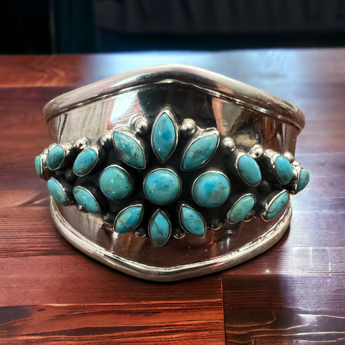 Take Me To The Festival Sterling Silver & Turquoise Cuff - Cowhide and Conchos
