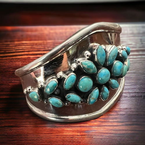 Take Me To The Festival Sterling Silver & Turquoise Cuff - Cowhide and Conchos