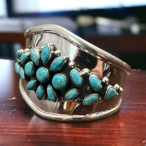 Take Me To The Festival Sterling Silver & Turquoise Cuff - Cowhide and Conchos