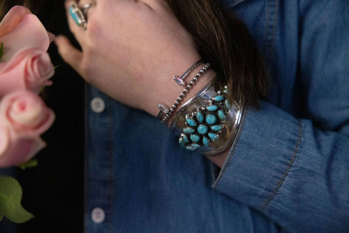 Take Me To The Festival Sterling Silver & Turquoise Cuff - Cowhide and Conchos