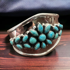 Take Me To The Festival Sterling Silver & Turquoise Cuff - Cowhide and Conchos