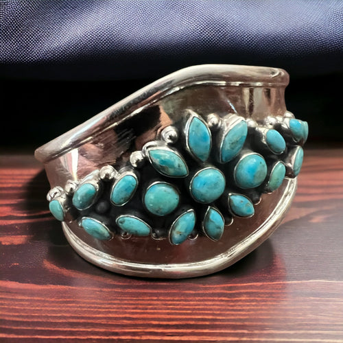 Take Me To The Festival Sterling Silver & Turquoise Cuff - Cowhide and Conchos