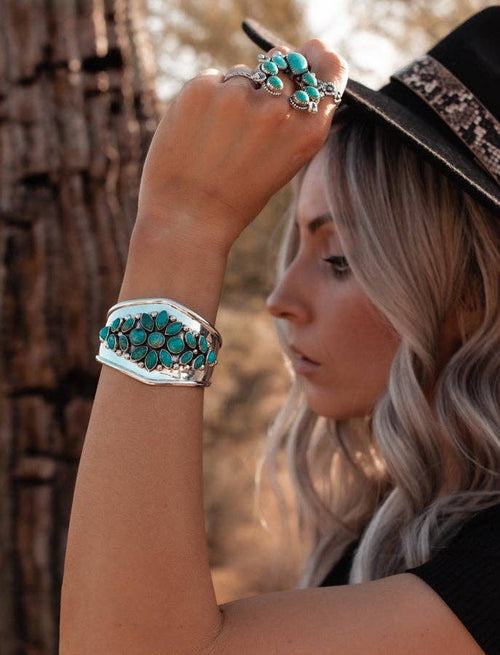Take Me To The Festival Sterling Silver & Turquoise Cuff - Cowhide and Conchos