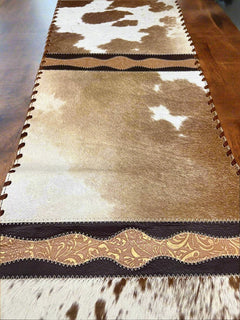 Tan and White Cowhide Table Runner with Fringe - Cowhide and Conchos