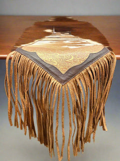 Tan and White Cowhide Table Runner with Fringe - Cowhide and Conchos