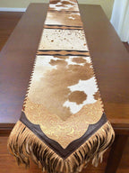 Tan and White Cowhide Table Runner with Fringe - Cowhide and Conchos